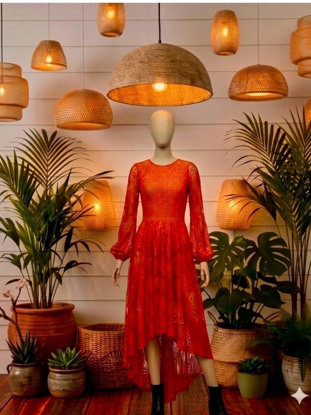 Free People Red Maxi W/Bubble Sleeves Fully Lace